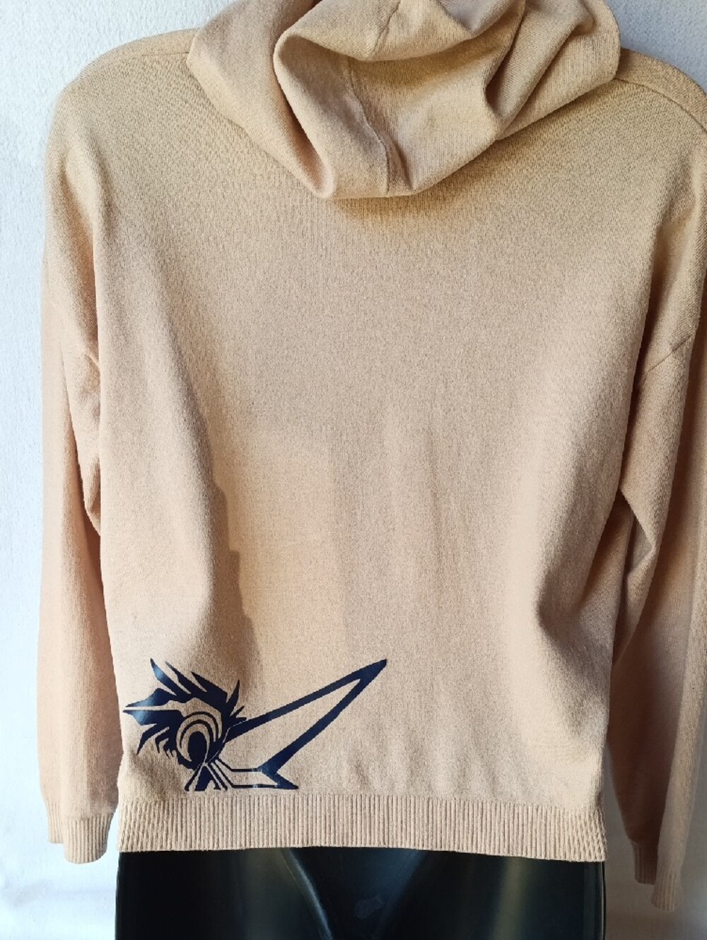 Magaschoni Upcycled Beige Hooded V-Neck Sweater with Graphics On Front/Back Hem